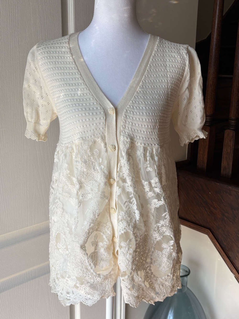 Cream Lace Pointelle Knit Babydoll Cardigan